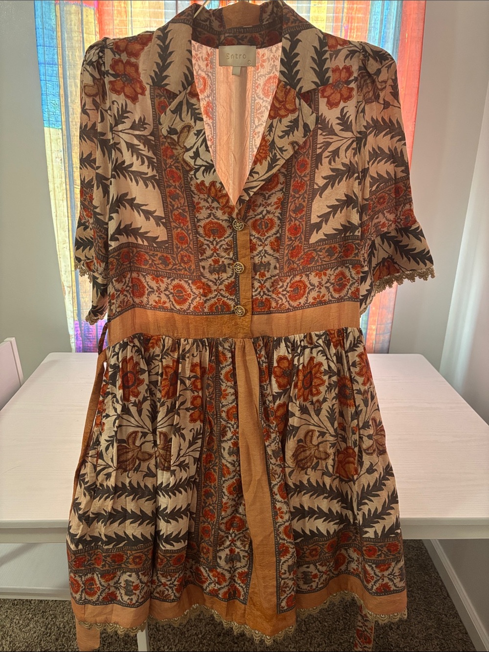 Etro Floral Paisley Mini Dress in Cream, Brown and Rust
